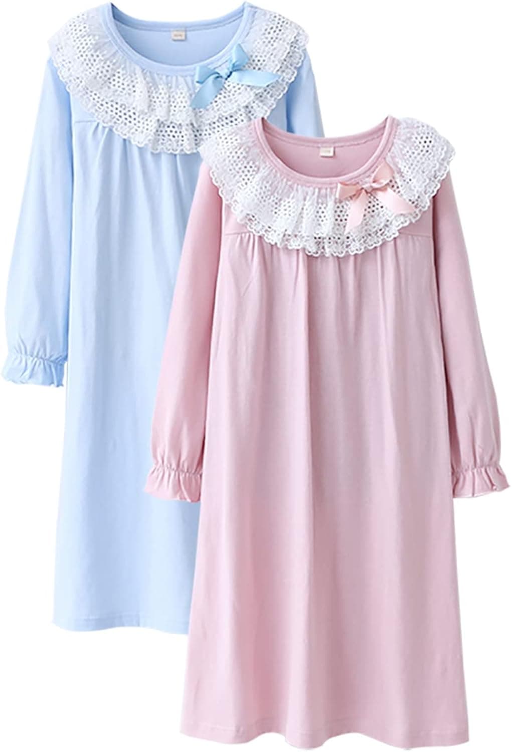 BANGSAUR Girls Cotton Dress, Lace Dress Kids Christmas 2 Pack Sleeping Gown 3-15 Years