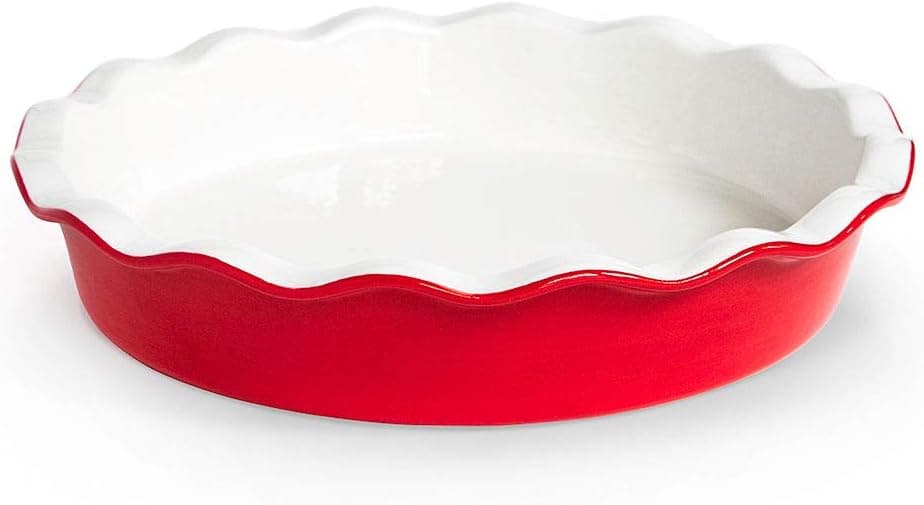 KooK Pie Dish, Round Pie Pan/ Plate, Deep Dish, Ruffled Wave Edge, for Kitchen Cooking/ Baking Dessert Dinner, 10-Inch Ceramic make, 42oz (Cherry)
