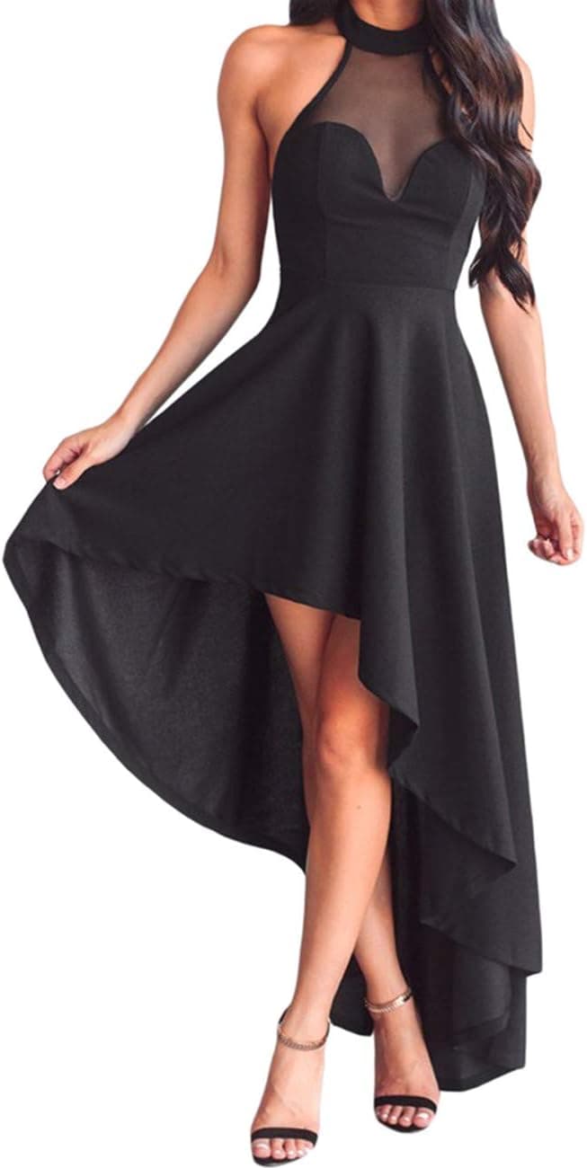 SEBOWEL Women's Halterneck Sexy Sheer Mesh Decolletage Evening Gowns Off Shoulder Sleeveless Hi-low Hemline Party Club Dress Black XL