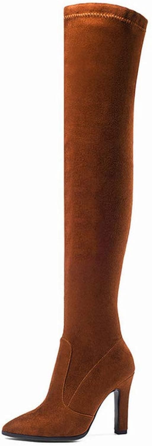 huayun Women Over The Knee High Boots Slip On Shoes Thin High Heel Pointed Toe Boots,Orange,10