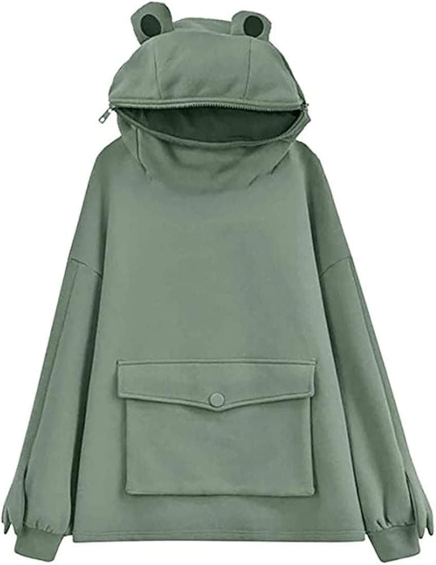 Womens Girls Frog Hoodies Zipper Mouth Hooded Pullover Sweatshirt with Large Pocket