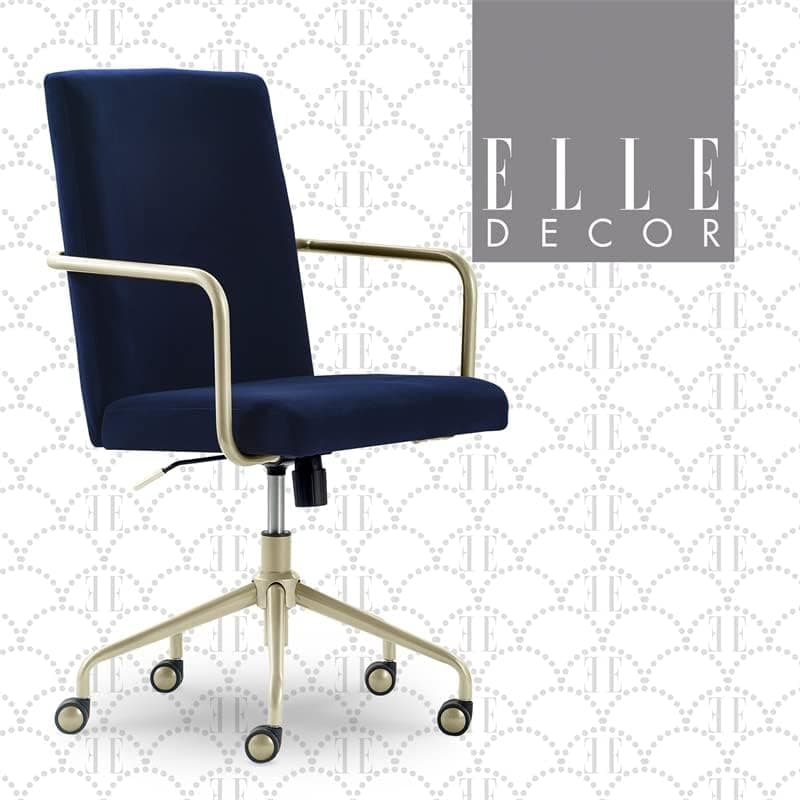 Elle Decor Giselle Modern Home Office Desk Chair, High Back Adjustable Computer Chair with Gold Arms, Base and Wheels, Velvet Fabric, Navy Blue
