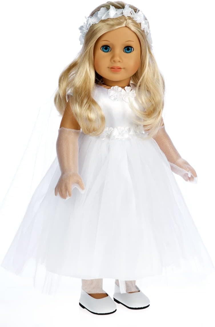 DreamWorld Collections Little Angel - 4 Piece 18 inch Doll Outfit - White Satin and Tule First Communion Dress with Long Gloves, Veil and White Shoes (Doll not Included)