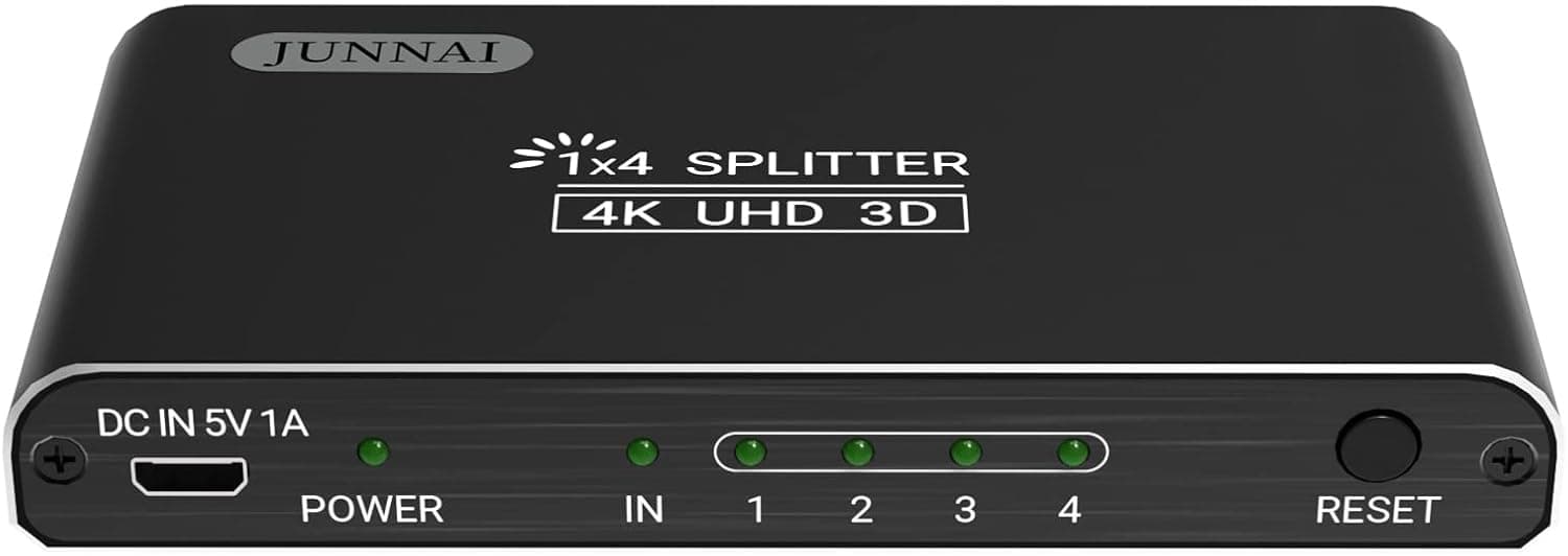 JUNNAI HDMI Splitter 1 in 4 Out Powered by AC Adapter, HDMI Powered Splitter Supports 4K@30Hz Full HD1080P 3D, 4 Port Switcher Splitter for TV, Monitors, Computer, DVD, Projector