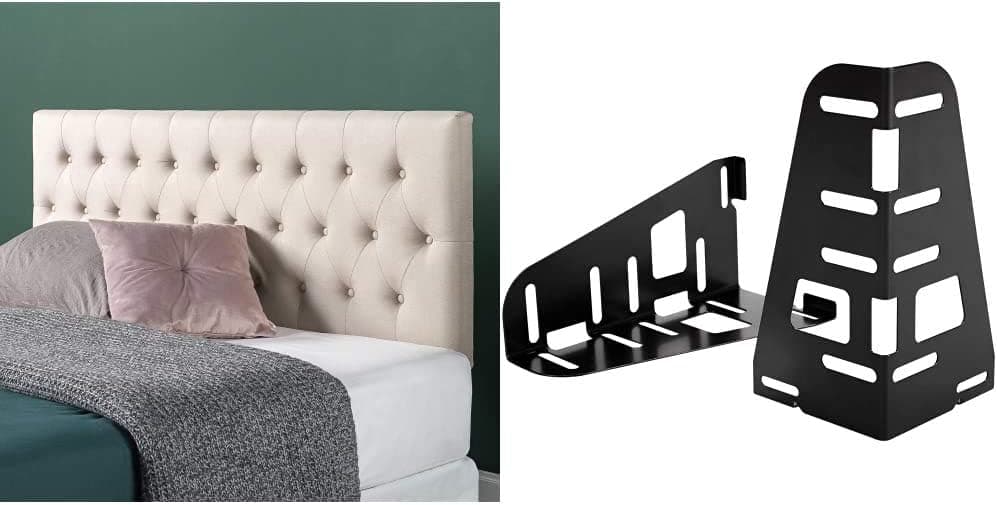 ZINUS Trina Upholstered Headboard/Button Tufted Upholstery/Adjustable Height/Easy Assembly, Taupe, Queen & 16 Inch SmartBase Headboard or Footboard Brackets, Set of 2