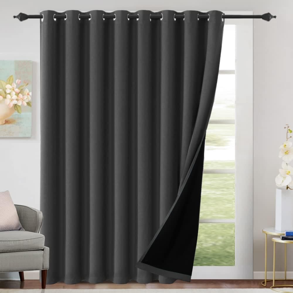 H.VERSAILTEX 100% Blackout Patio Curtains Thermal Insulated Curtains for Sliding Door Extra Wide Window Panels Full Light Blocking Grommet Curtains with Black Liner, W100 x L108 inch - Charcoal Gray