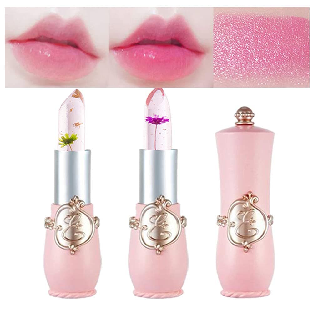 2Pcs Crystal Flower Jelly Color Changing Lipstick Magic Lipstick Lip Gloss with Flower inside,Clear Flower PH Glitter Jelly Lipstick with Real Flowers Prime Lip Color Change Changing Lipstick Lip Blam