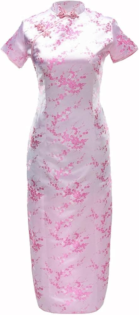 7Fairy Women's VTG Pink Floral Long Chinese Evening Dress Cheongsam