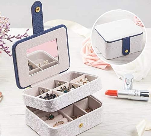 Jewelry Box for Women Ring, Ear Stud, Necklace Double Layer Jewelry Organizer Small Size Storage Case with Mirror for Travel (white)