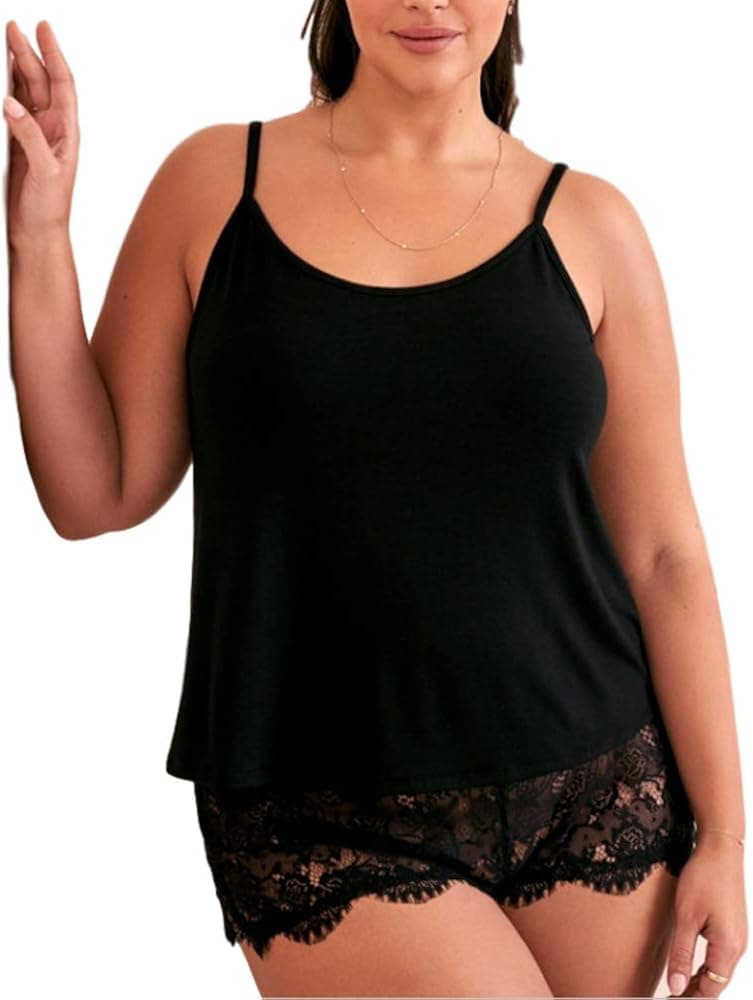 FlatterMe Women Lingerie Short Set Plus Size Sexy Camisole Lace Back Sleepwear Babydoll(LP026,Black,2XL)