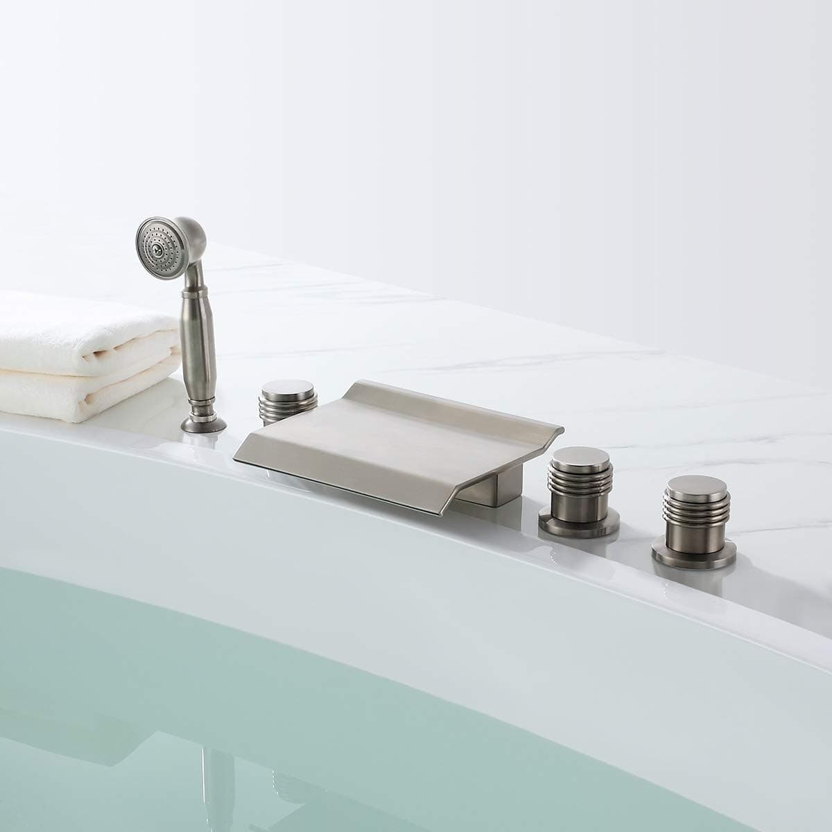 Jiuzhuo Modern Waterfall Deck Mount 5 Hole Roman Tub Filler Faucet with Hand Shower,Brushed Nickel