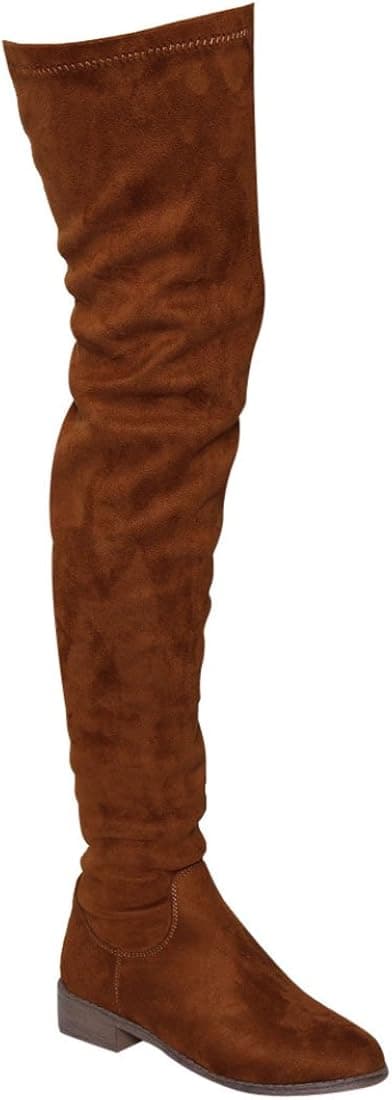 Nature Breeze FF05 Women's Stretchy Thigh High Snug Fit Low Block Heel Boots Tan