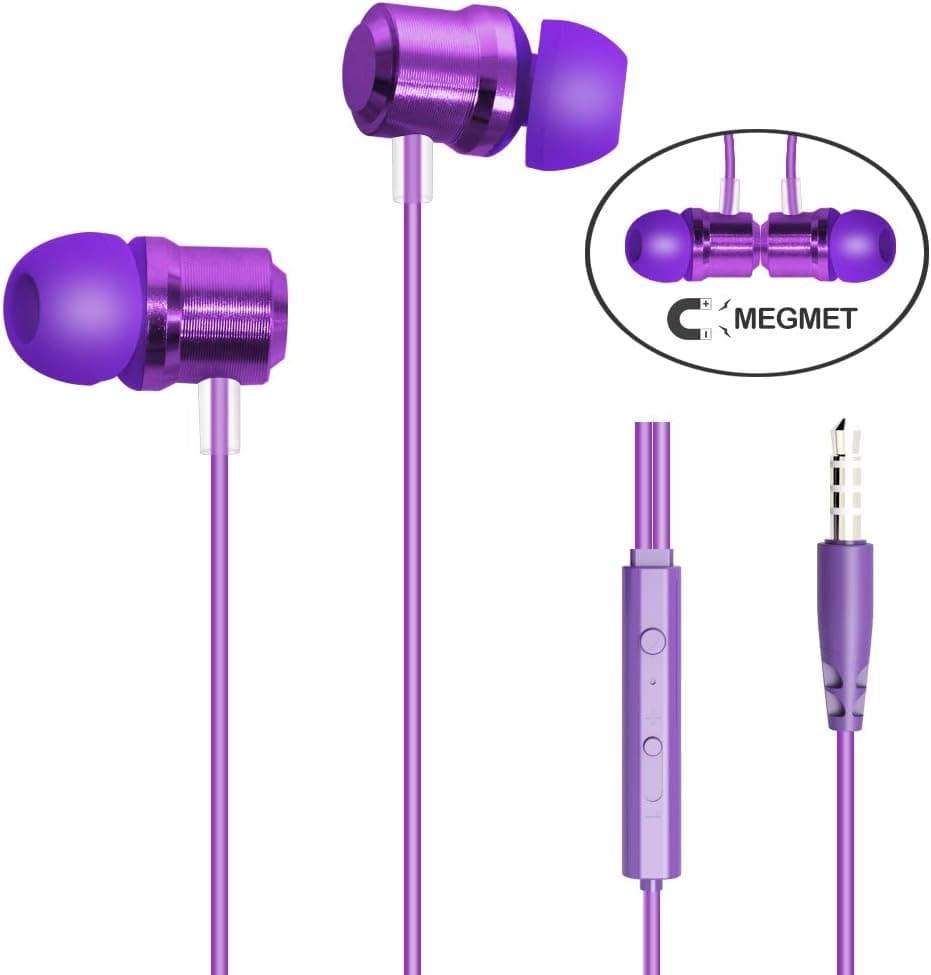 Magnetic Headphones Earbuds, Comfy&Fast Pairing, Metal Magnet Sport Sweatproof Earphones with Mic Running Gym Workout, 3.5mm Jack Compatible with iPhone 7 8 X Samsung Galaxy Volume Control (Purple)