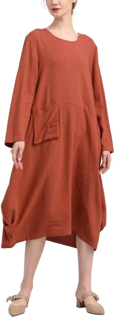 MEOMUA Women's Linen Dresses Long Sleeve Casual Loose Cotton Dress