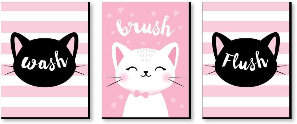 Big Dot of Happiness Purr-fect Kitty Cat - Kids Bathroom Rules Wall Art - 7.5 x 10 inches - Set of 3 Signs - Wash, Brush, Flush
