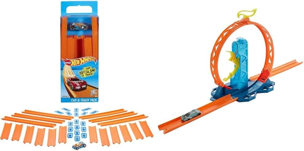 Hot Wheels Track Builder Straight Track Set, 37 Component Parts & 1:64 Scale Toy Car and Track Builder Unlimited Playset Loop Kicker Pack, 10 Track Component Parts & 1:64 Scale Toy Car