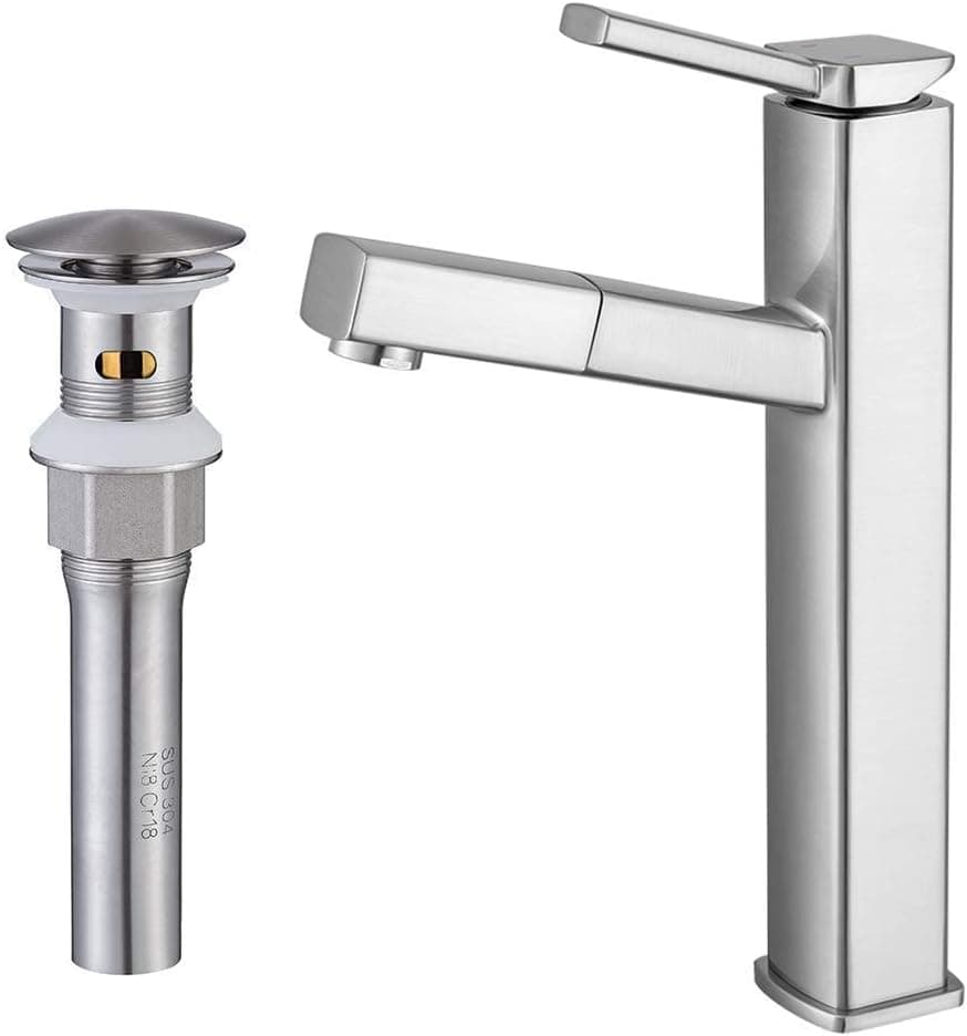 KAIYING Bathroom Pull Down Vessel Sink Faucet (Tall, Brushed Nickel) & KAIYING Pop Up Drain, Bathroom Sink Drain Stopper with Overflow (Brushed Nickel)