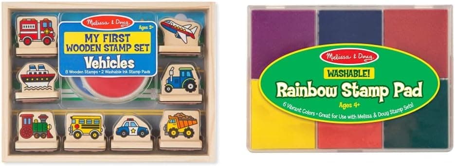 Melissa & Doug My First Wooden Stamp Set - Vehicles & Rainbow Stamp Pad - 6 Washable Inks