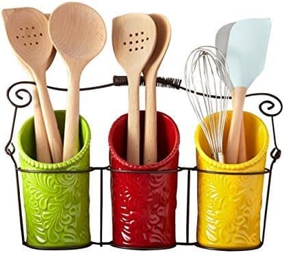 ienjoyware Kitchen Utensil Holder Set (4 Pieces) - 3 Ceramic Crocks & 1 Portable Wire Caddy - Multi-Color