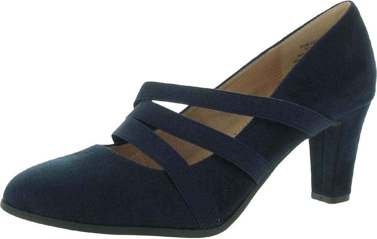 Brinley Co. Womens Levin Faux Suede Comfort Sole Chunky Heel Almond Toe Triple Elastic Strap Heels