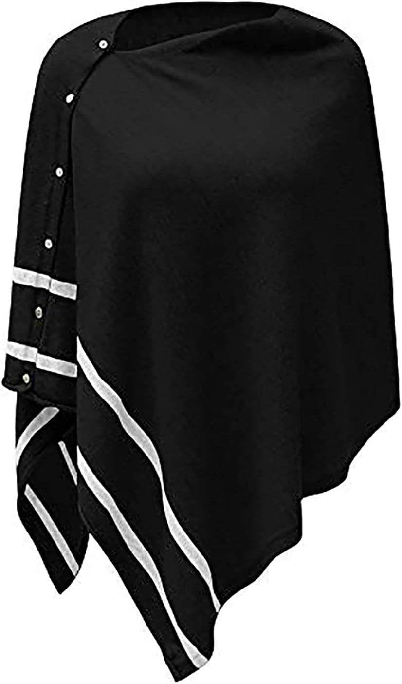 Womens Lightweight Stripped Kintted Poncho Sweater with Shell Button, Versatile Scarf Shawl Cape for Spring Summer Autumn, Black