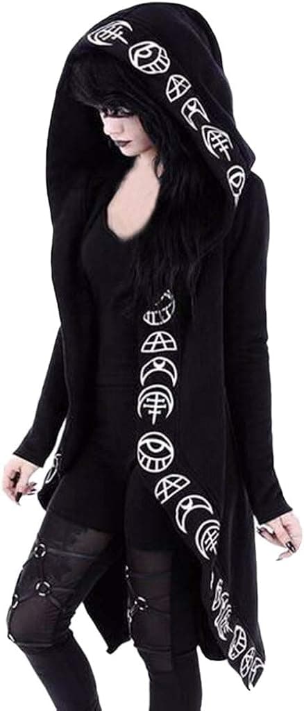 Fanteecy Cardigan Jacket Women Plus Size Hooded Coat Long Sleeve Punk Moon Print Black Cloak Gothic Witchcraft Sweatshirt