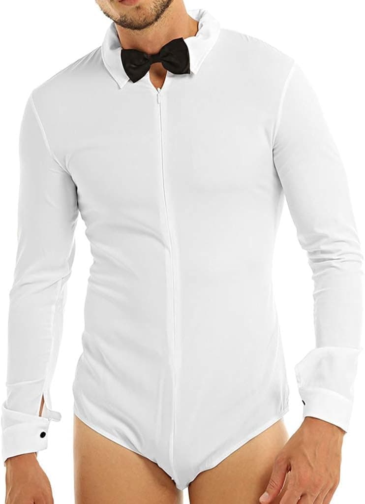 CHICTRY Men's Tuxedo Shirt Latin Modern Dance Shirt One Piece Bodysuit with Bow Tie