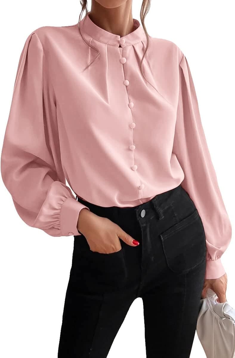 PLNOTME Women's Button Down Shirts Dressy Casual Long Sleeve Mock Neck Work Blouses