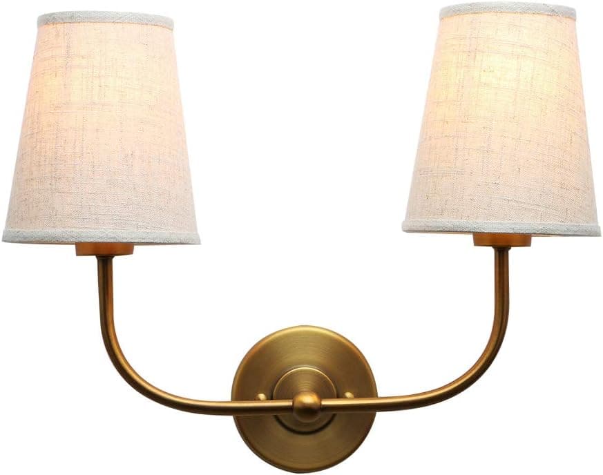 Permo Vintage Double Sconce Antique 2-Lights with Flared Funnel Linen Beige Fabric Shade