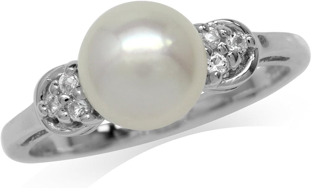 Silvershake 8mm Cultured Freshwater Pearl White Gold Plated 925 Sterling Silver Ring