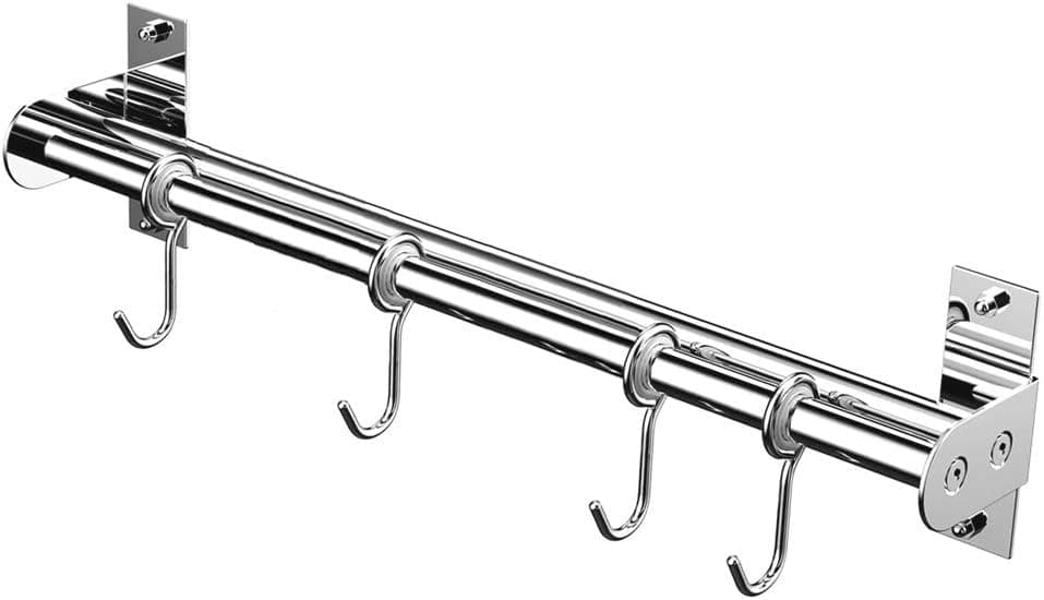 304 Stainless Steel Pot Pan Rack - Wall Mounted Kitchen Rail Utensil Storage Organizer, Double Pipe 15.7" with 4 Hooks