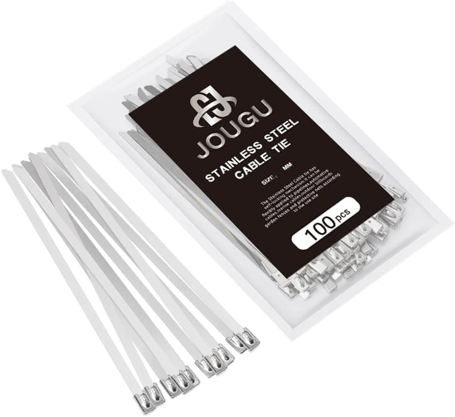 JOUGU Metal Zip Ties 4 inch 316 Stainless Steel Locking Cable Marine Grade 250LB 100mm 100pcs Heavy Duty Exhaust Wrap Multi Purpose Binding for machinery, vehicles, farms, cables, pipes,Fence