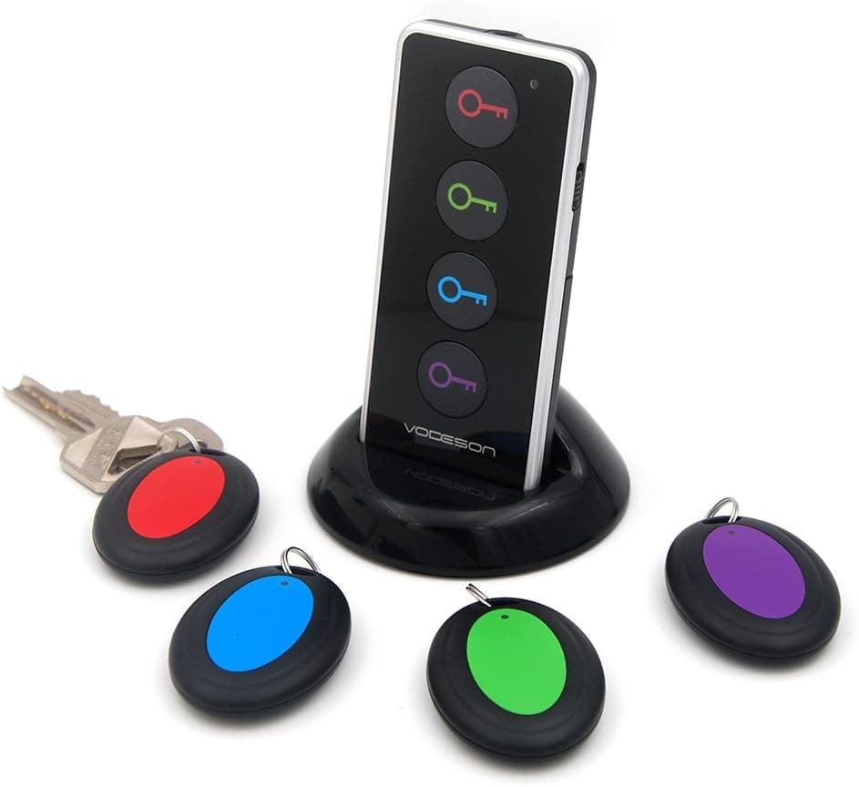 Vodeson Wireless Key Finder RF Item Locator with Base Support and LED Flashlight, Keys, Wallet, Pet Locator with Sound Alarm, 1 Transmitter + 4 Receivers - Black