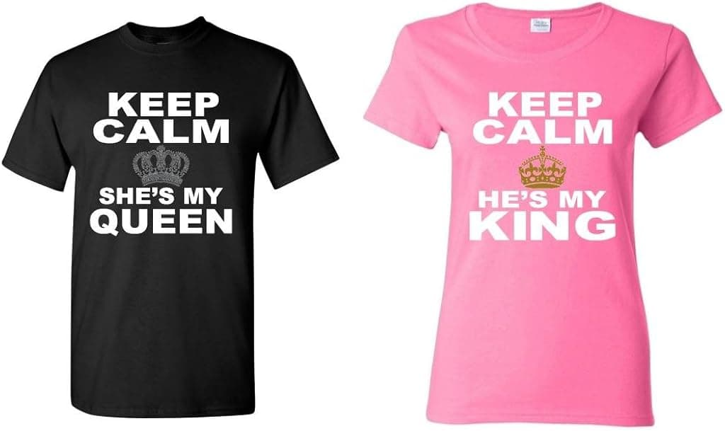 Couple matching Keep Calm She's My Queen - He's My King T-shirt -- Men 2XL Black// Women Medium Pink