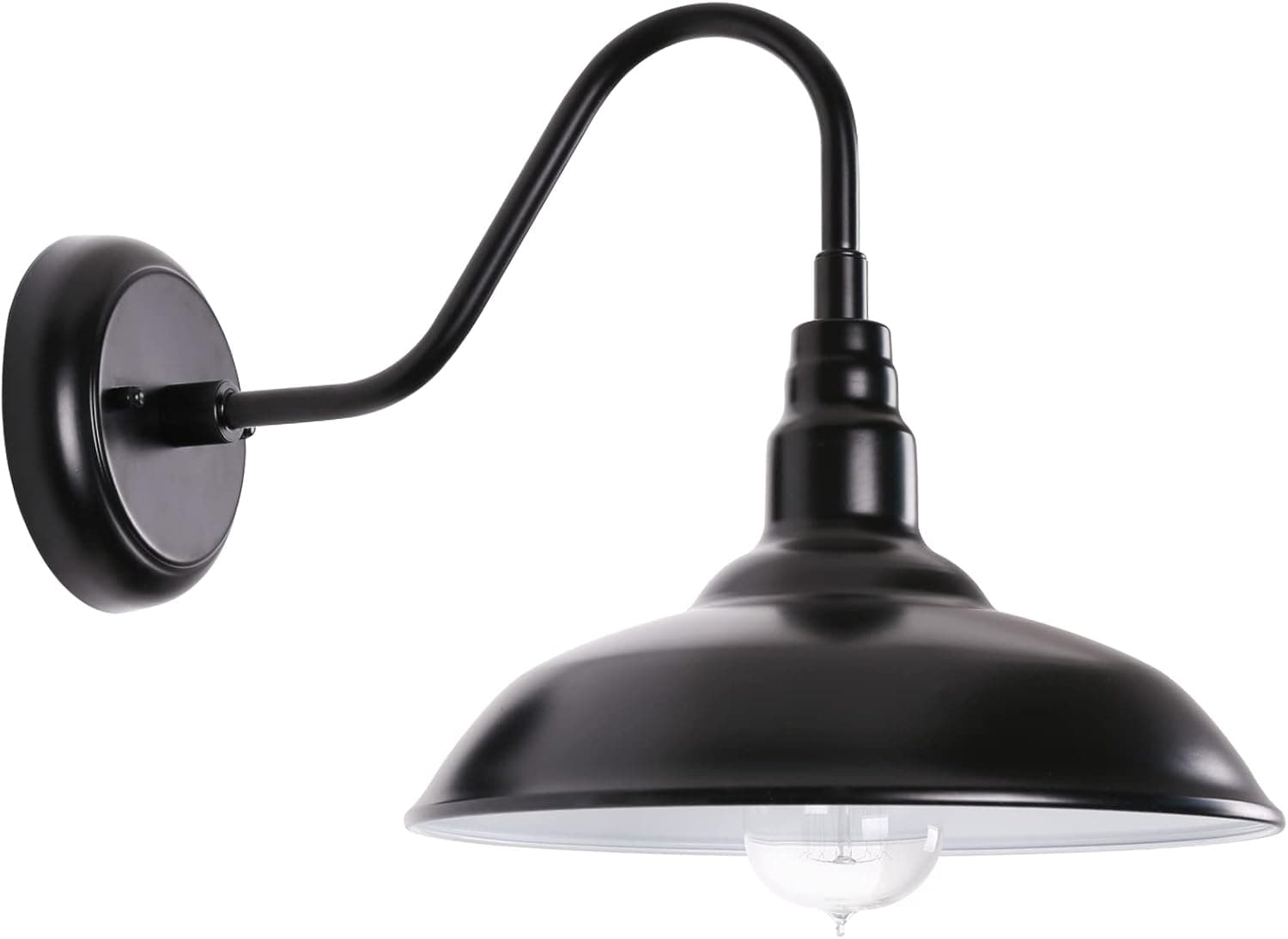 GOALPLUS Outdoor Gooseneck Barn Light, 14'' Dome Stain Black with White Interior Large Wall Sconce for Porch, Exterior Waterproof Farmhouse Light Fixture with Wall Mount, 1 Pack, LM2202-BW