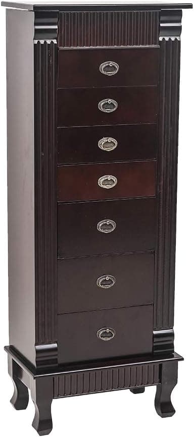 Large Standing Jewelry Armoire Storage Chest ,Standing Jewelry Armoire Cabinet with Makeup Mirror and Top Divided Storage Organizer, with 7 Drawers, 2 Swing Doors,16 Necklace Hooks, Dark Brown