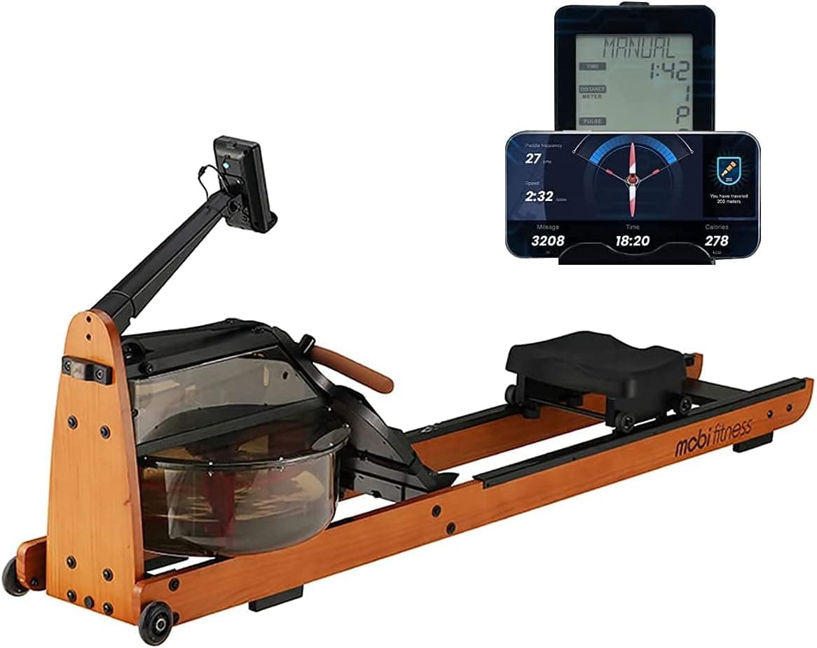 MOBIFITNESS Water Rowing Machine,Water Resistance Wood Rower Machine with LCD Monitor Low Noise Rowing Machines for Home Use