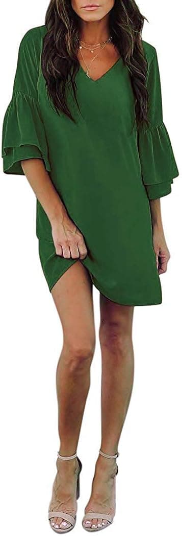 Grace's Secret Womens Dress Cute V-Neck Bell Sleeve Shift Dress Mini Tunic Dress Casual Summer Green