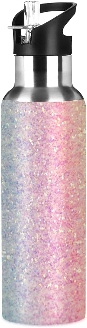 Rainbow Glitter Gradient Water Bottle Kids Bling Print Thermos Bottle with Straw Lid for Girls Leakproof Insulated Stainless Steel Water Flask Bottle for Sports Gym Outdoor 20 oz