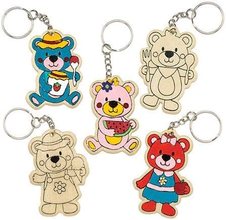 Baker Ross Teddy Bear's Wooden Colour-in Keyrings (Pack of 6) for Kids to Decorate