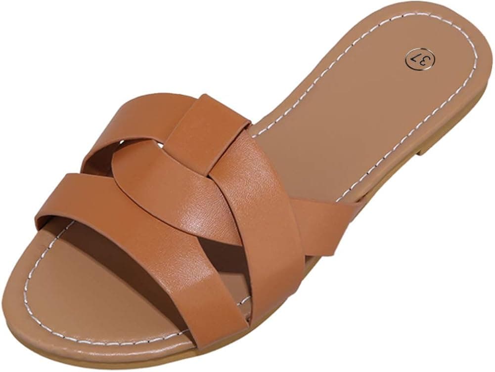 Husmeu Women's Summer Flat Slides Sandals Casual Strap Cross Slip On Sliders Beach Flat Sandals for Women