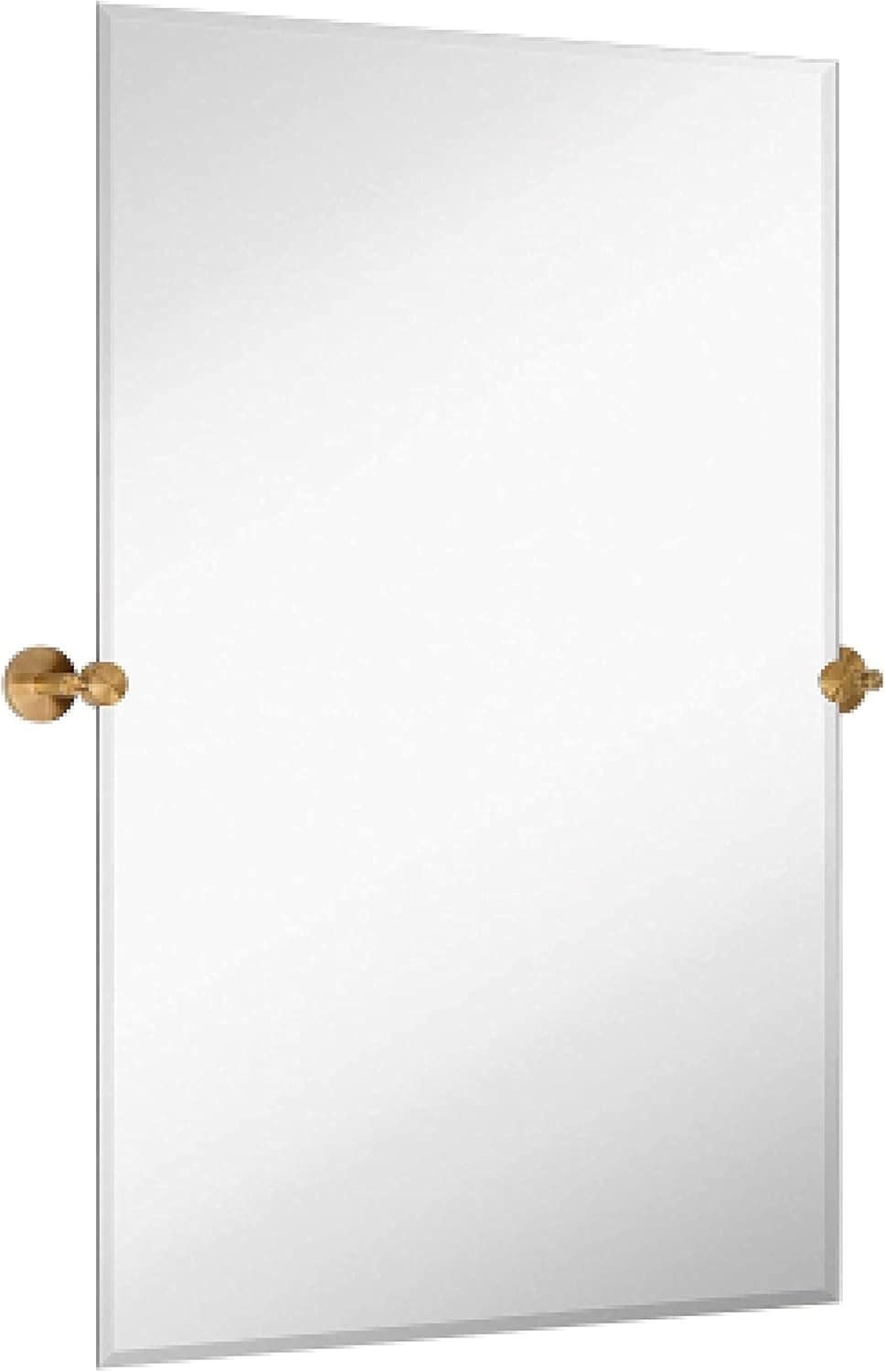 Hamilton Hills 24x36 inch Frameless Pivot Mirrors for Bathrooms with Brushed Gold Rounded Wall Brackets | Rectangular Tilting & Farmhouse Wall-Mounted Vanity | Hangs Horizontally and Vertically