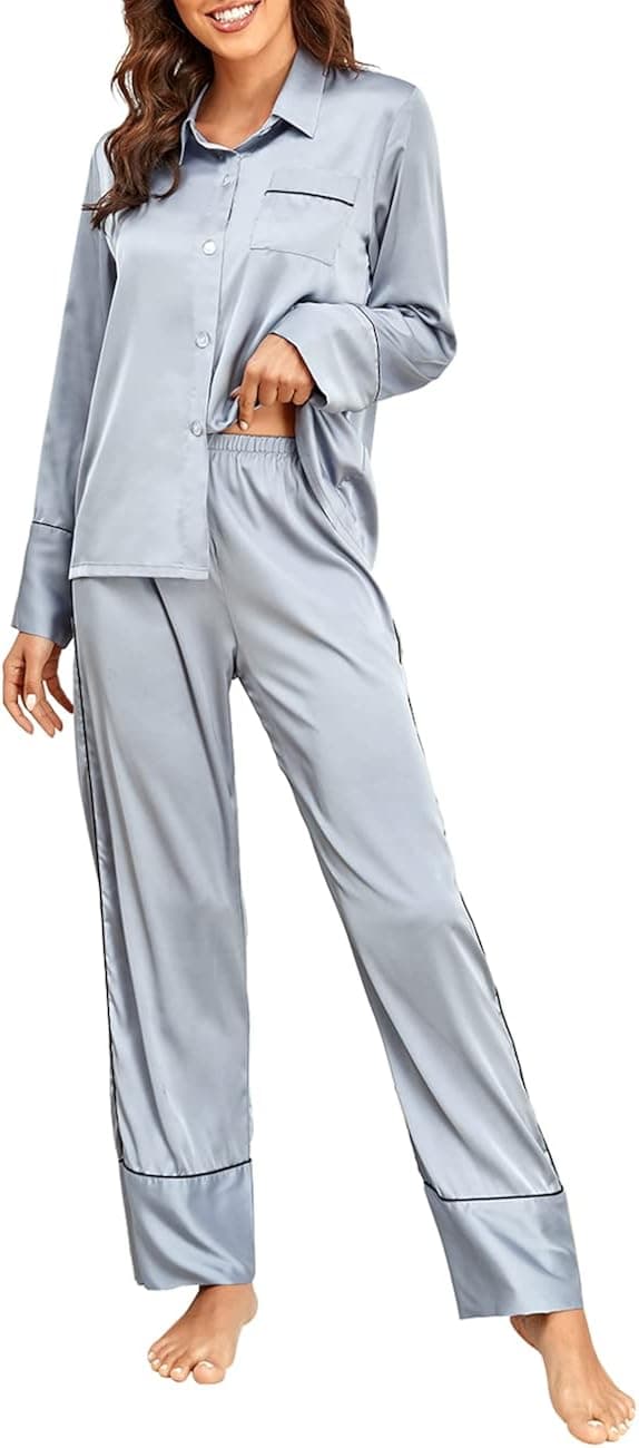 DUWMCON Women's Silk Satin Pajamas Set Long Sleeve Sleepwear Button Down Comfy Loungewear Two Piece Pjs Sets