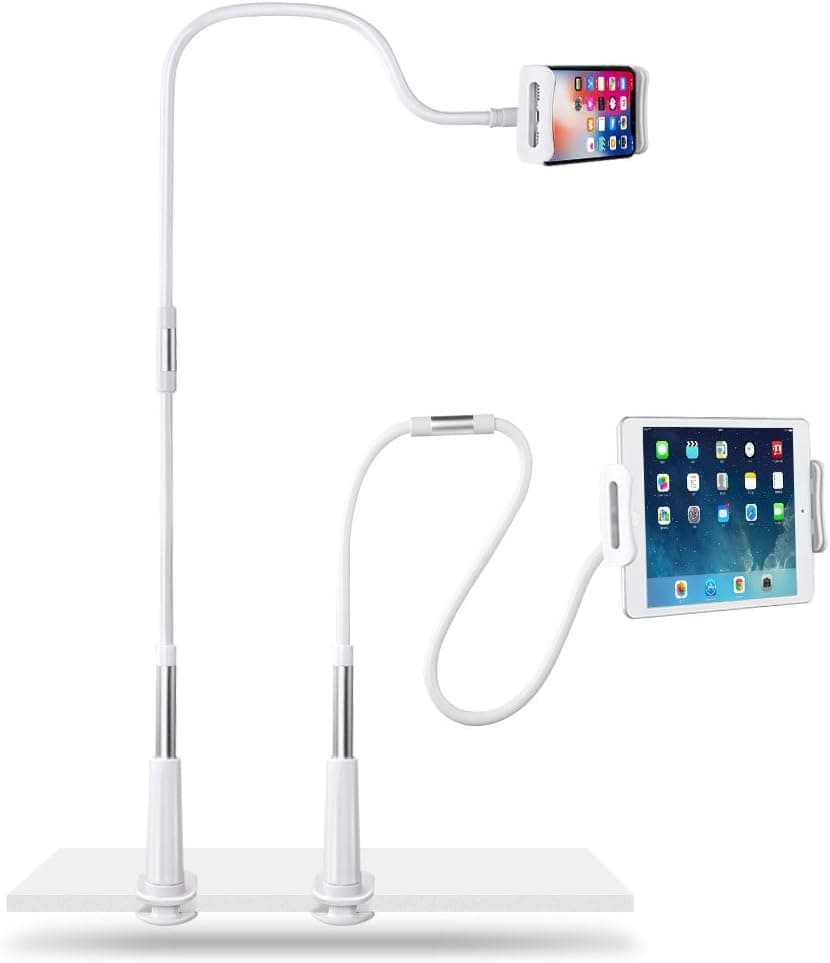 Miuko Clamp Mount Tablet Stand Adjustable for iPad and iPhone,360°Rotating Aluminum Gooseneck Stand Swivel Universal Lazy Holder for Bed or Desk(White)