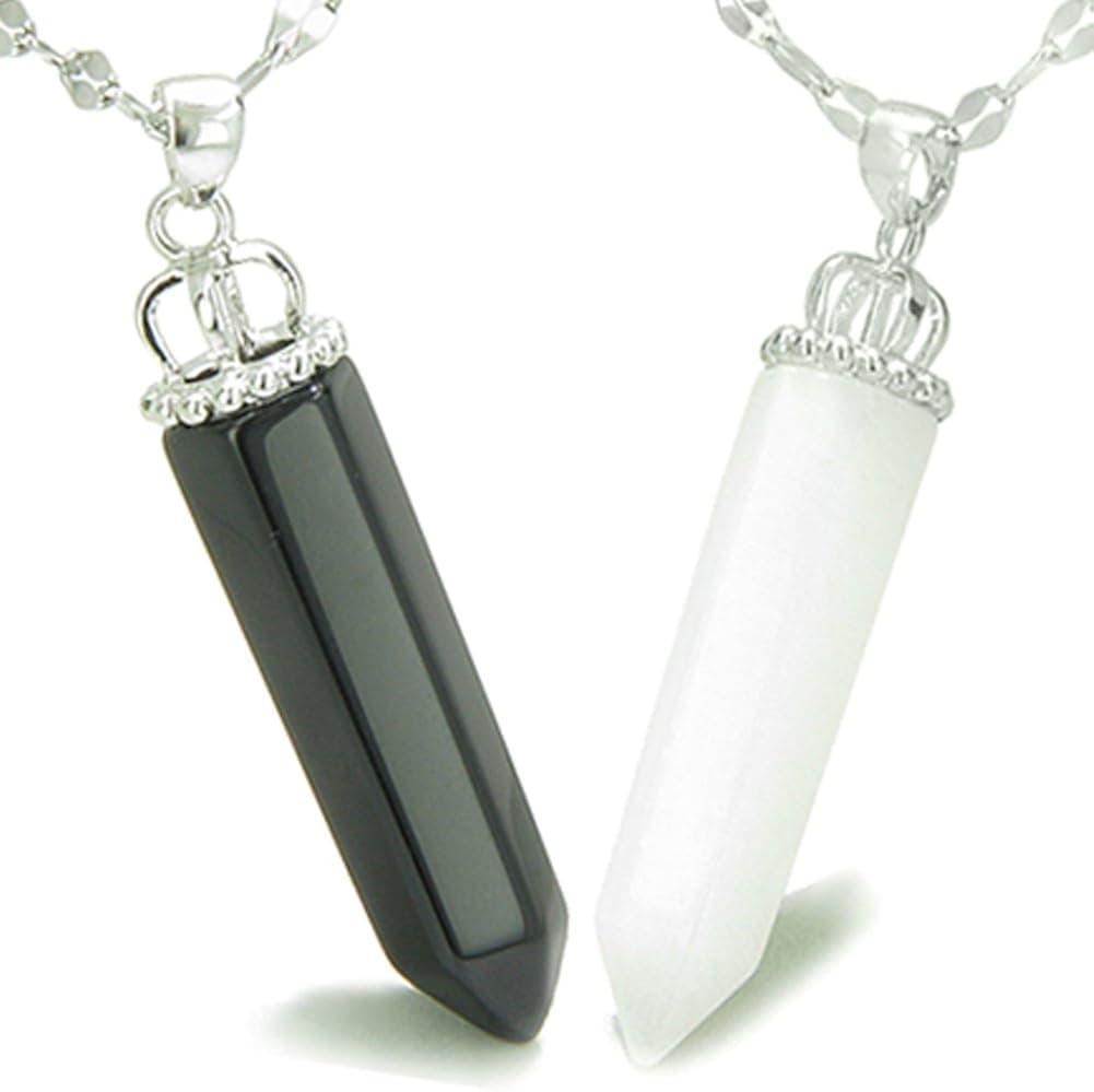 BestAmulets Lucky Crystal Points Couple Friendship Ying Yang White Snowflake Quartz Black Agate Pendant Necklaces