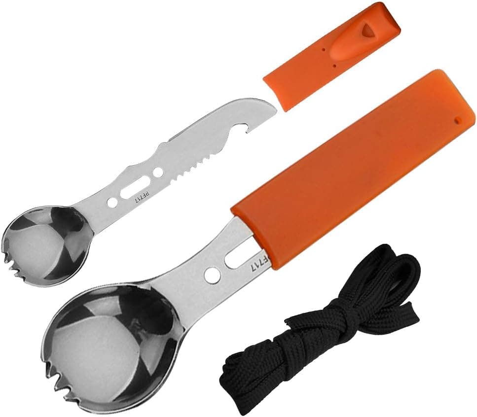 MeiNvShe Camping Spork Multi-Function Fork Spoon 5 in 1 Stainless Steel Spork ,Outdoor Camping Picnic and BBQ Portable Cutlery Open Can and Bottle Opener; (StyleB Orange 7 in 1)