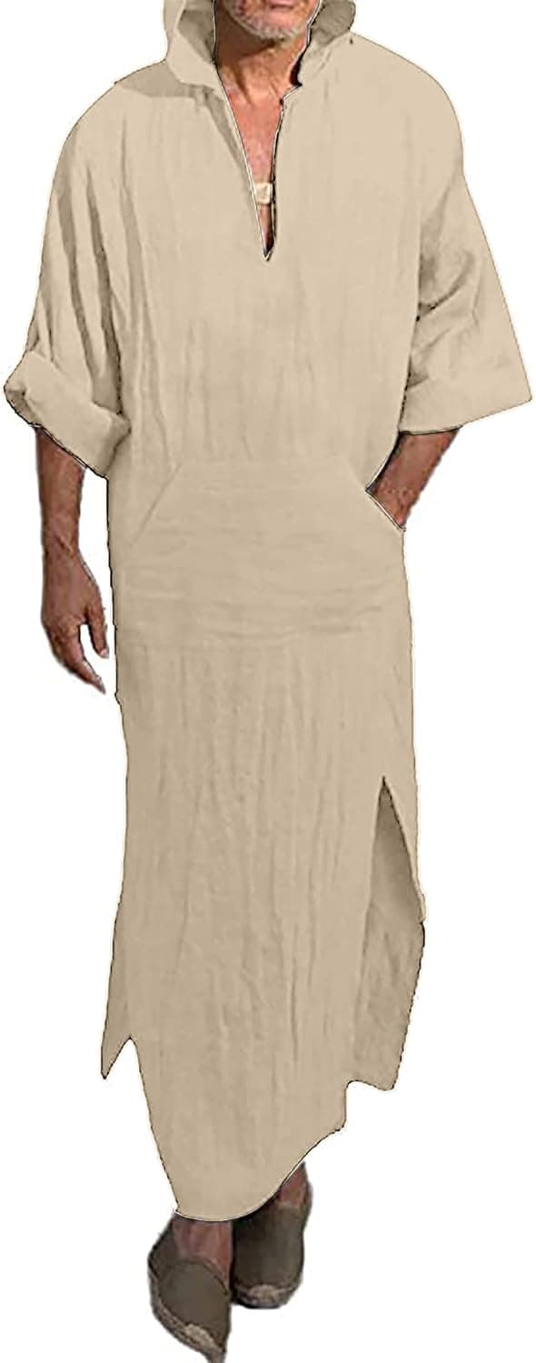 YAOHUOLE Men's V-Neck Short Sleeve Robe Side Split Kaftan Thobe with Pockets Casual Shirt