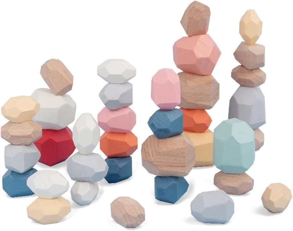 Exiron 36 Pcs Wooden Balancing Blocks Stacking Stones Rocks Colorful Wood Stone Building Set Natural Rainbow Game Rock Blocks for Kids Educational Toys