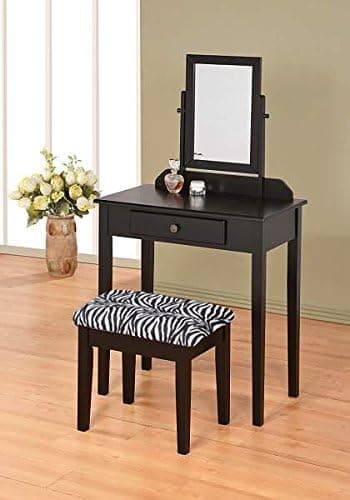 Contemporary Vanity Set with Adjustable Mirror and Zebra Print Stool Black Finish