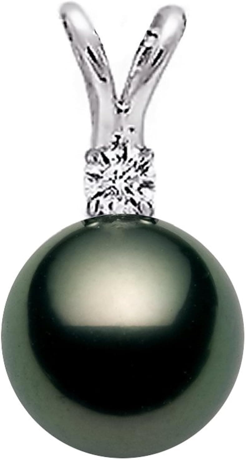 14K White Gold AAA Quality Black Tahitian Cultured Pearl Pendant with Diamond